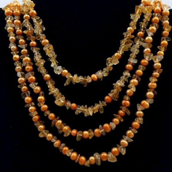 Warm and Lovely 925 Silver Multi Strand Citrine and  Orange Pearl Necklace - Picture 1 of 11